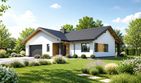Projekt domu Planujdom 039 - parterowy dom o powierzchni 129,81 m², dach dwuspadowy, koszt budowy 393 000 zł - ujęcie frontu