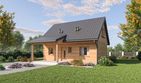 Projekt domu D439 wersja drewniana - parterowy dom o powierzchni 44,37 m², dach dwuspadowy - ujęcie frontu