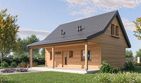 Projekt domu D439A - wersja drewniana - parterowy z poddaszem dom o powierzchni 72,16 m², dach dwuspadowy - ujęcie frontu