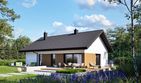 Projekt domu Mini 4 w. IV - parterowy dom o powierzchni 100,06 m², dach dwuspadowy, koszt budowy 290 000 zł - ujęcie frontu