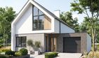 Projekt domu Studio 106 - parterowy z poddaszem dom o powierzchni 117,41 m², dach dwuspadowy, koszt budowy 363 000 zł - ujęcie frontu