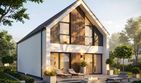 Projekt domu Studio 107 - parterowy z poddaszem dom o powierzchni 112,73 m², dach dwuspadowy, koszt budowy 334 000 zł - ujęcie frontu