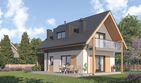 Projekt domu D458 - parterowy z poddaszem dom o powierzchni 77,18 m², dach dwuspadowy, koszt budowy 210 000 zł - ujęcie frontu
