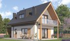 Projekt domu D458 - parterowy z poddaszem dom o powierzchni 77,18 m², dach dwuspadowy, koszt budowy 210 000 zł - ujęcie frontu