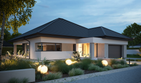 Projekt domu NewHouse 761 w4 S - parterowy dom o powierzchni 143,92 m², dach kopertowy, koszt budowy 446 000 zł - ujęcie frontu