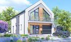 Projekt domu APS 358 ECO - parterowy z poddaszem dom o powierzchni 147 m², dach dwuspadowy, koszt budowy 406 000 zł - ujęcie frontu