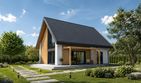 Projekt domu D464 - parterowy z poddaszem dom o powierzchni 87,08 m², dach dwuspadowy, koszt budowy 260 000 zł - ujęcie frontu