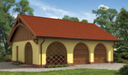 Projekt garażu G145 garaż dwustanowiskowy z pomieszczeniem gospodarczym i werandą - parterowy dom o powierzchni 69,33 m², dach dwuspadowy, koszt budowy 67 444 zł - ujęcie frontu