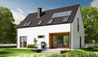 Projekt domu E2 (wersja A) economic - parterowy z poddaszem dom o powierzchni 101,16 m², dach dwuspadowy, koszt budowy 228 736 zł - ujęcie frontu