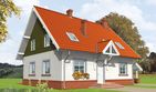 Projekt domu Honoratka (z wiatą) - parterowy z poddaszem dom o powierzchni 148,51 m², dach dwuspadowy, koszt budowy 391 000 zł - ujęcie frontu