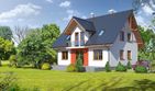 Projekt domu Czaplowo - parterowy z poddaszem dom o powierzchni 135,29 m², dach dwuspadowy, koszt budowy 348 000 zł - ujęcie frontu