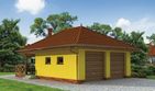 Projekt grilla / wędzarni G189 dwustanowiskowy z werandą - parterowy dom o powierzchni 64,61 m², dach kopertowy, koszt budowy 62 852 zł - ujęcie frontu