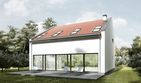 Projekt domu Domo 03C - parterowy z poddaszem dom o powierzchni 133,60 m², dach dwuspadowy, koszt budowy 266 315 zł - ujęcie frontu