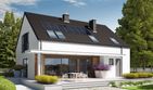 Projekt domu E4 G1 (wersja A) multi-comfort - parterowy z poddaszem dom o powierzchni 134,42 m², dach dwuspadowy, koszt budowy 364 000 zł - ujęcie frontu