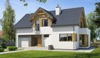 Projekt domu E-104 - parterowy z poddaszem dom o powierzchni 156,40 m², dach dwuspadowy, koszt budowy 419 000 zł - ujęcie frontu