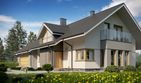 Projekt domu D34A - parterowy z poddaszem dom o powierzchni 134,86 m², dach dwuspadowy, koszt budowy 381 000 zł - ujęcie frontu