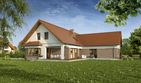 Projekt domu TK175 - parterowy z poddaszem dom o powierzchni 288,32 m², dach dwuspadowy, koszt budowy 751 000 zł - ujęcie frontu