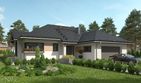 Projekt domu Hermina (1495) - parterowy dom o powierzchni 128,10 m², dach kopertowy, koszt budowy 398 000 zł - ujęcie frontu