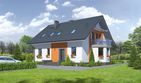 Projekt domu Sadowo - parterowy z poddaszem dom o powierzchni 136,79 m², dach dwuspadowy, koszt budowy 354 000 zł - ujęcie frontu