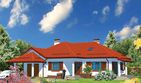 Projekt domu APS 144 - parterowy dom o powierzchni 115 m², dach kopertowy, koszt budowy 343 000 zł - ujęcie frontu