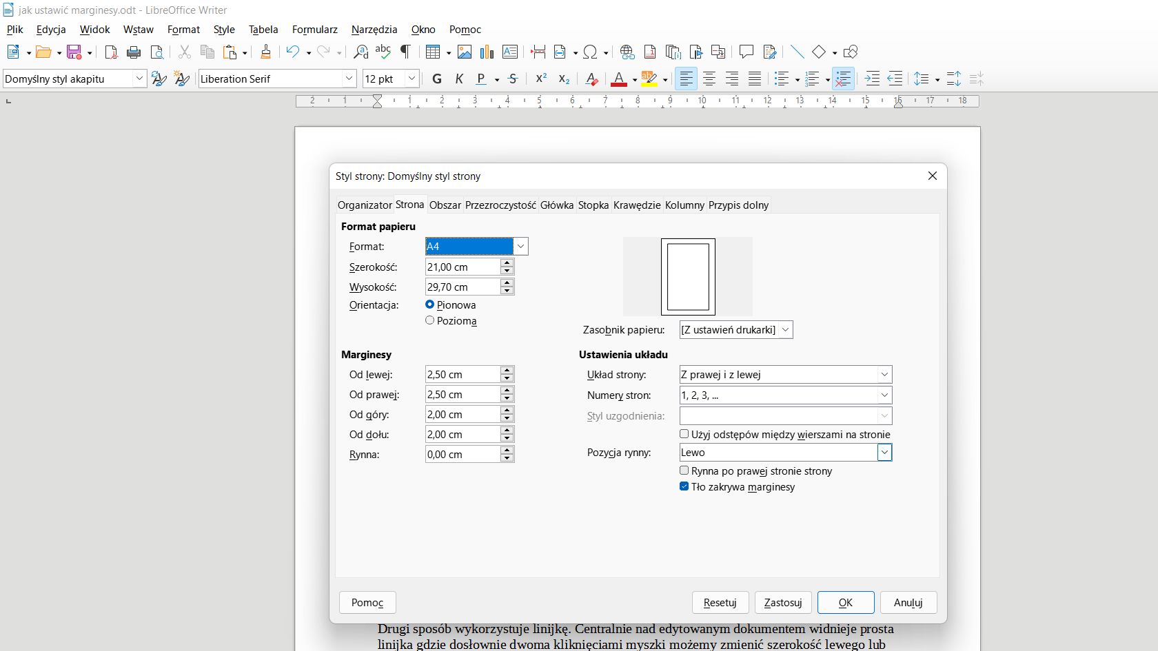 LibreOffice Writer jak ustawić marginesy?