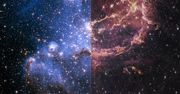 Gwiezdny żłobek NGC346 okiem Hubble i Webba. Przy nim Filary Stworzenia wyglądają niepozornie