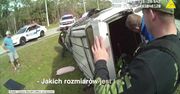 Podczas ucieczki przed policją jej auto dachowało. Kobieta i pies wyszli z wypadku bez szwanku