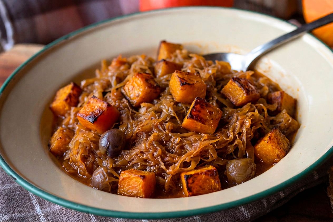 Bigos z dwóch kapust z pieczoną dynią hokkaido. Rozgrzewa mocniej niż gruby koc
