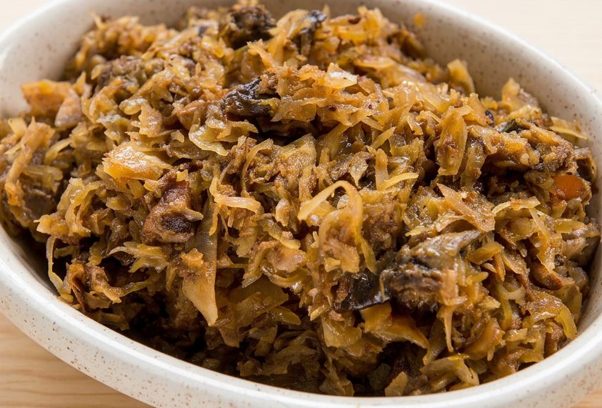 Świetnie pasuje do kotletów i żeberek. Zasmażana kiszona kapusta z grzybami