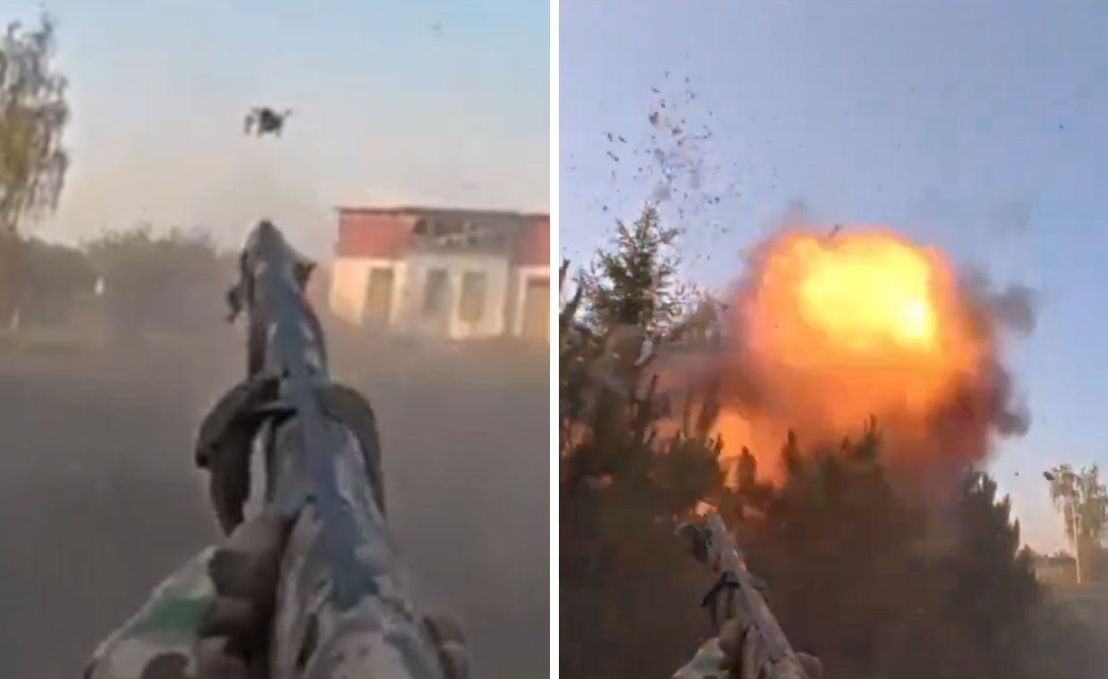 Niesamowite wideo z frontu. Zestrzelił drona w ostatniej sekundzie