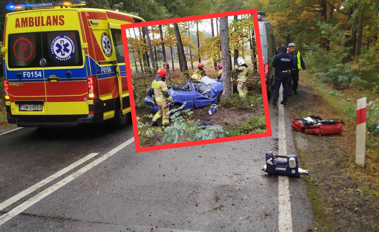 Auto doszczętnie zniszczone. 19-letni kierowca wyszedł baz szwanku