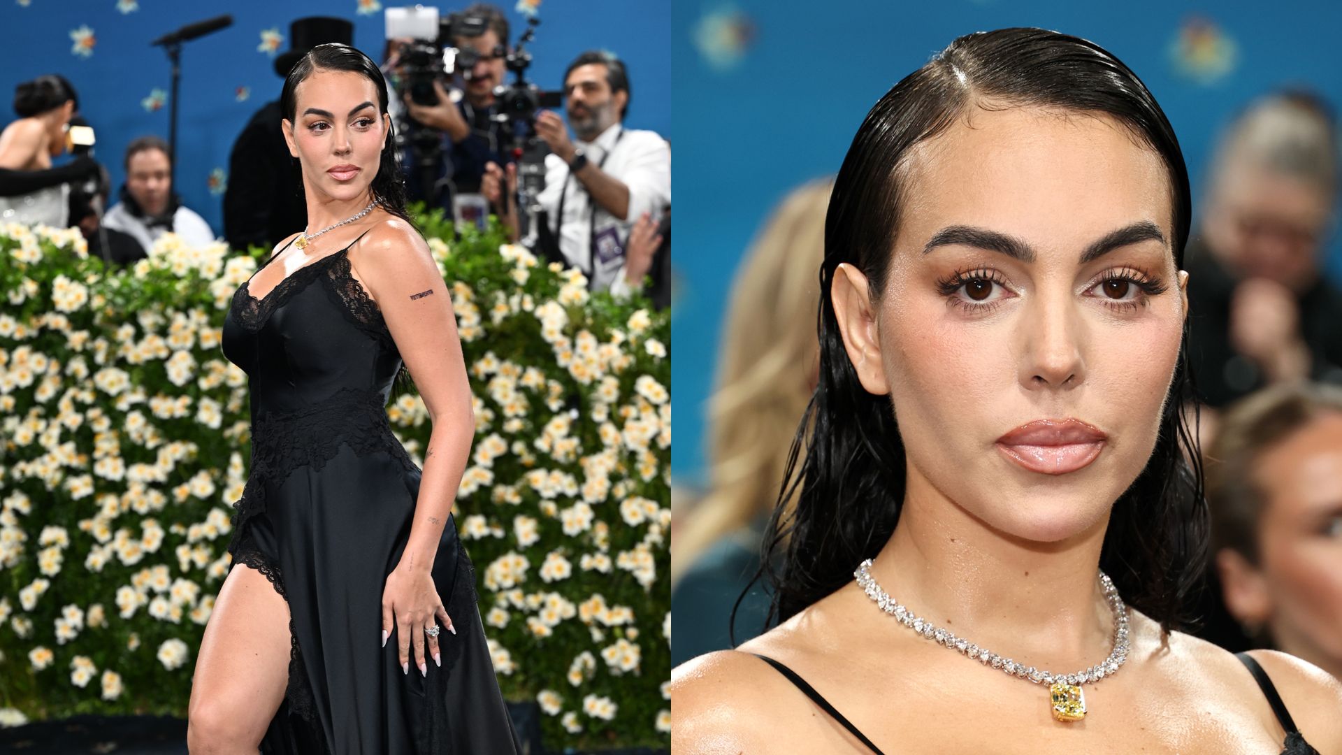 Gala MET 2025. Georgina Rodriguez z poważną miną gra nogą w dopasowanej halce z trenem. Ikona stylu?