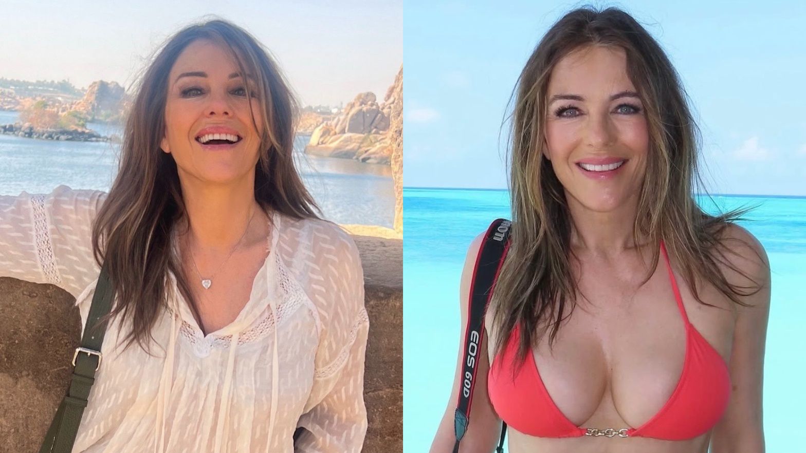 Elizabeth Hurley w bikini posyła uśmiechy na tle lazurowej wody. Dalibyście jej 60 lat? (FOTO)