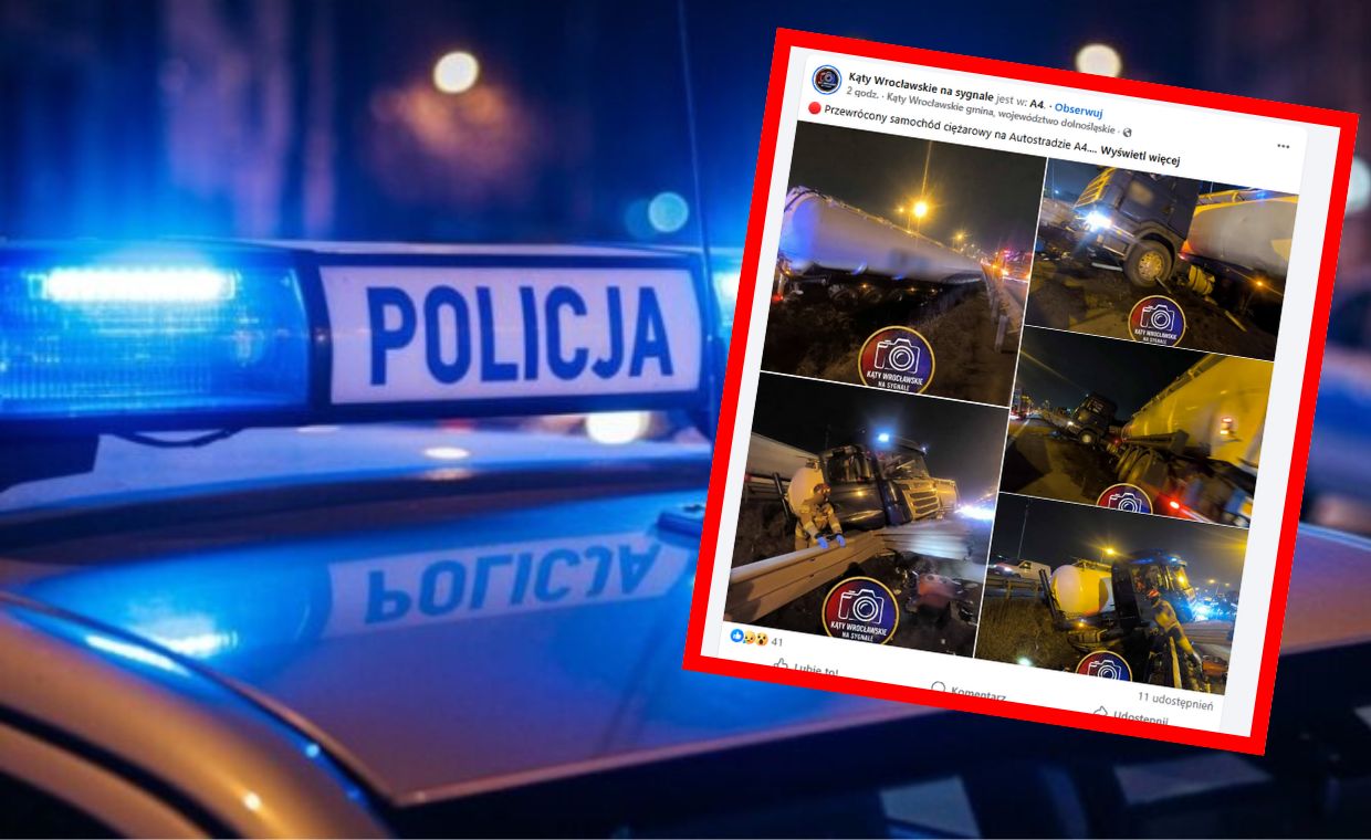 Wypadek na A4. Cysterna przewróciła się na bariery