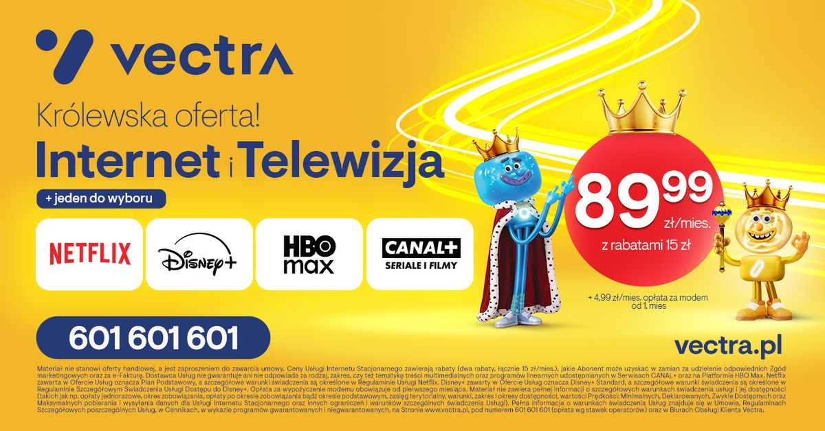 Vectra startuje z "Królewską ofertą". Internet, telewizja i streaming w jednym pakiecie