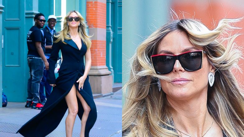 Heidi Klum i jej spódnica z rozcięciem walczą z wiatrem na ulicach Nowego Jorku