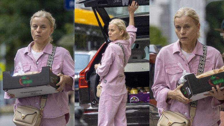 Naturalna Małgorzata Foremniak maszeruje z kartonem zakupów