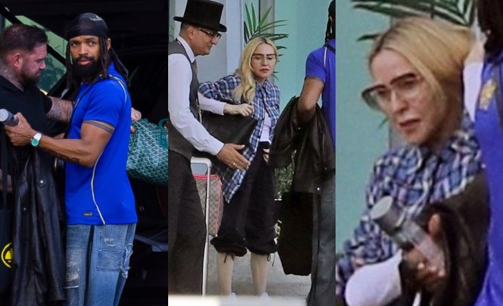 Odziana w rybaczki Madonna pakuje się do auta, podczas gdy jej MŁODSZY O 38 LAT ukochany napina "bicka" (ZDJĘCIA)