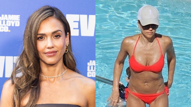 Jessica Alba w czerwonym bikini PLUSKA SIĘ w basenie