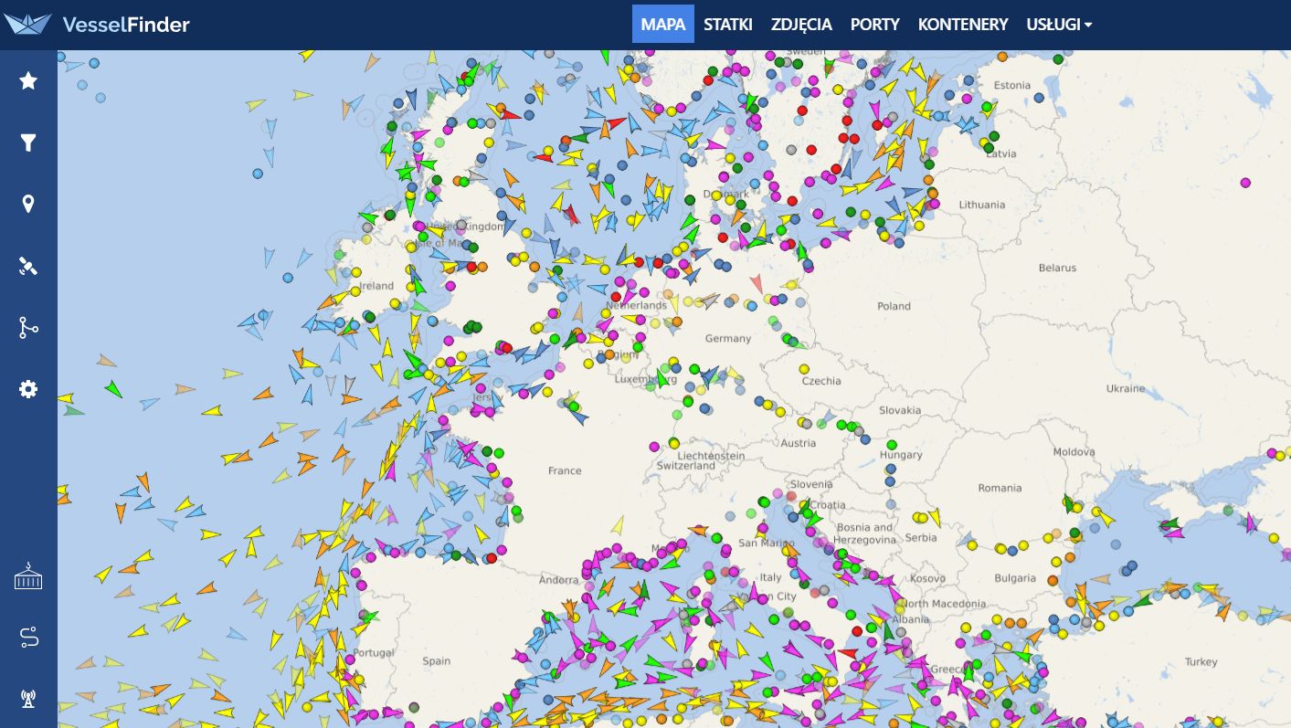 Radar statków i kontenerów. Ruch morski na żywo