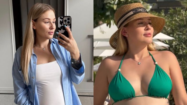 Andziaks pozdrawia z basenu w Dubaju w kusym bikini i chwali się ciążowym brzuszkiem