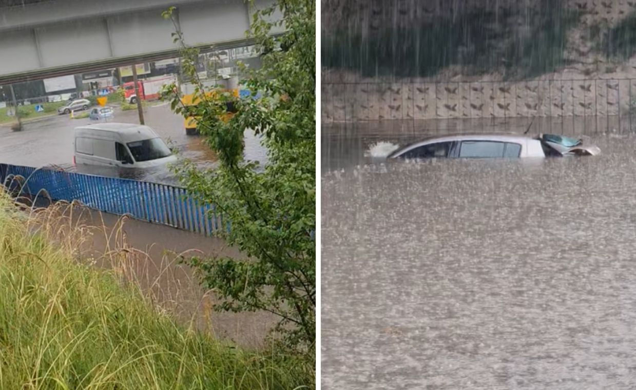 Zalane auta pod wiaduktem. Ulewa sparaliżowała drogi w Pionkach
