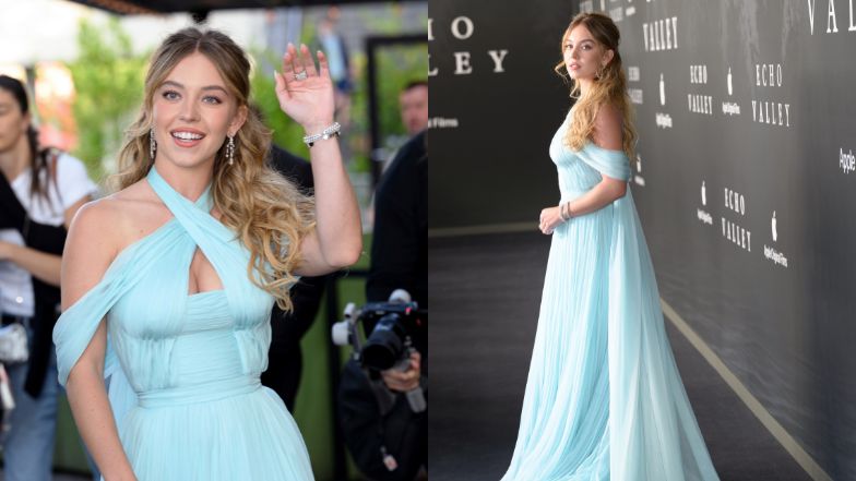 Sydney Sweeney zachwyca w błękitnej sukni z trenem na premierze filmu