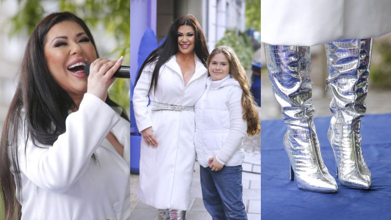 Iwona Węgrowska paraduje pod studiem "DDTVN" w srebrnych kozakach i w towarzystwie 9-letniej córki