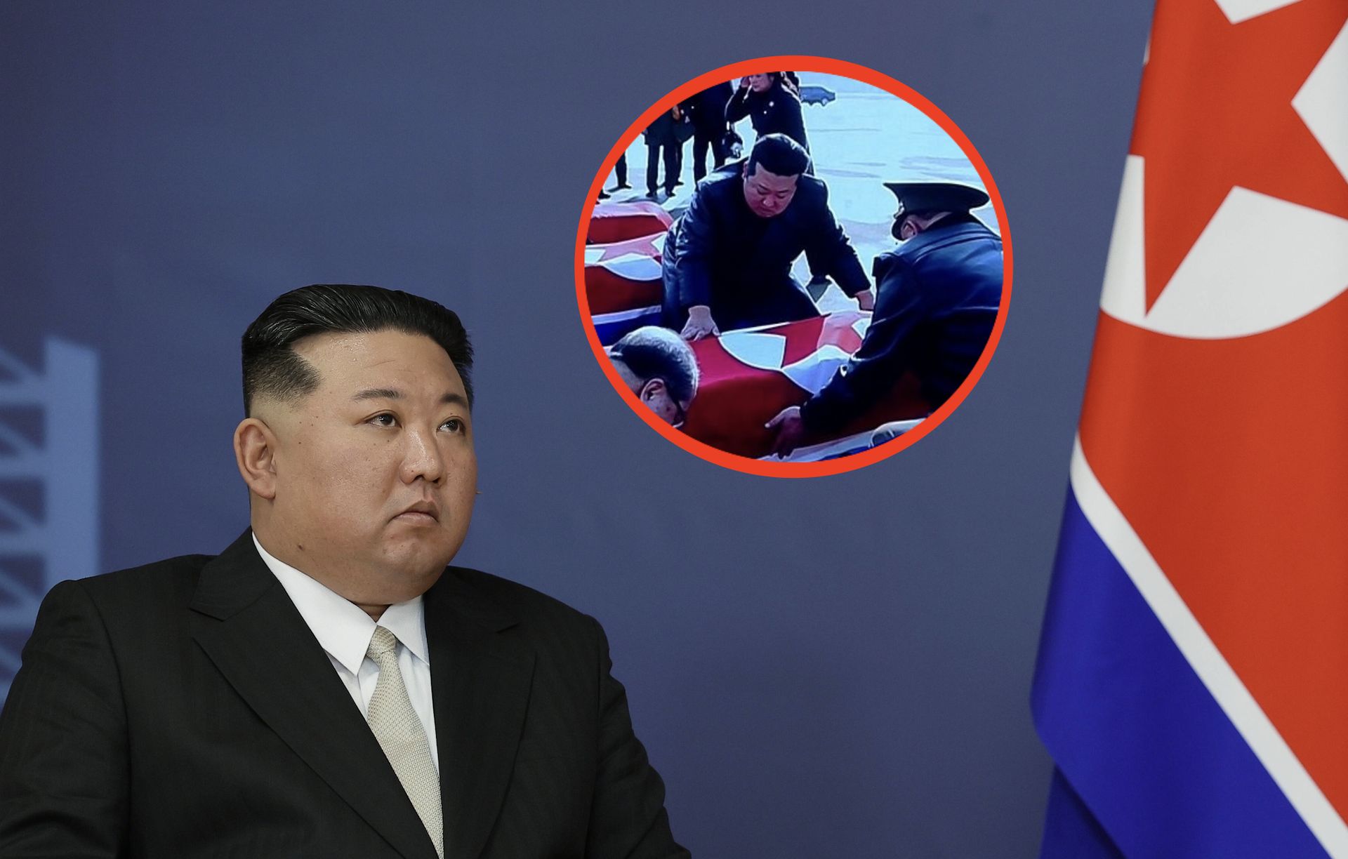 Kim Dzong Un na tajemniczej ceremonii. Rosyjska delegacja i trumny przykryte flagami