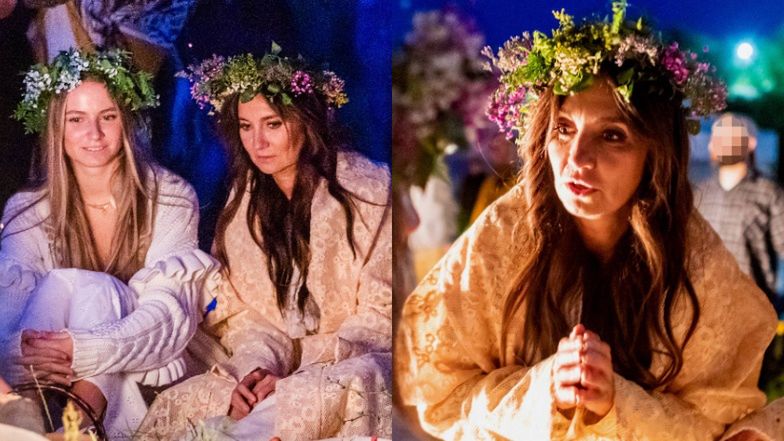 Wyposażone w wianki Dominika Kulczyk i jej 17-letnia córka celebrują noc świętojańską