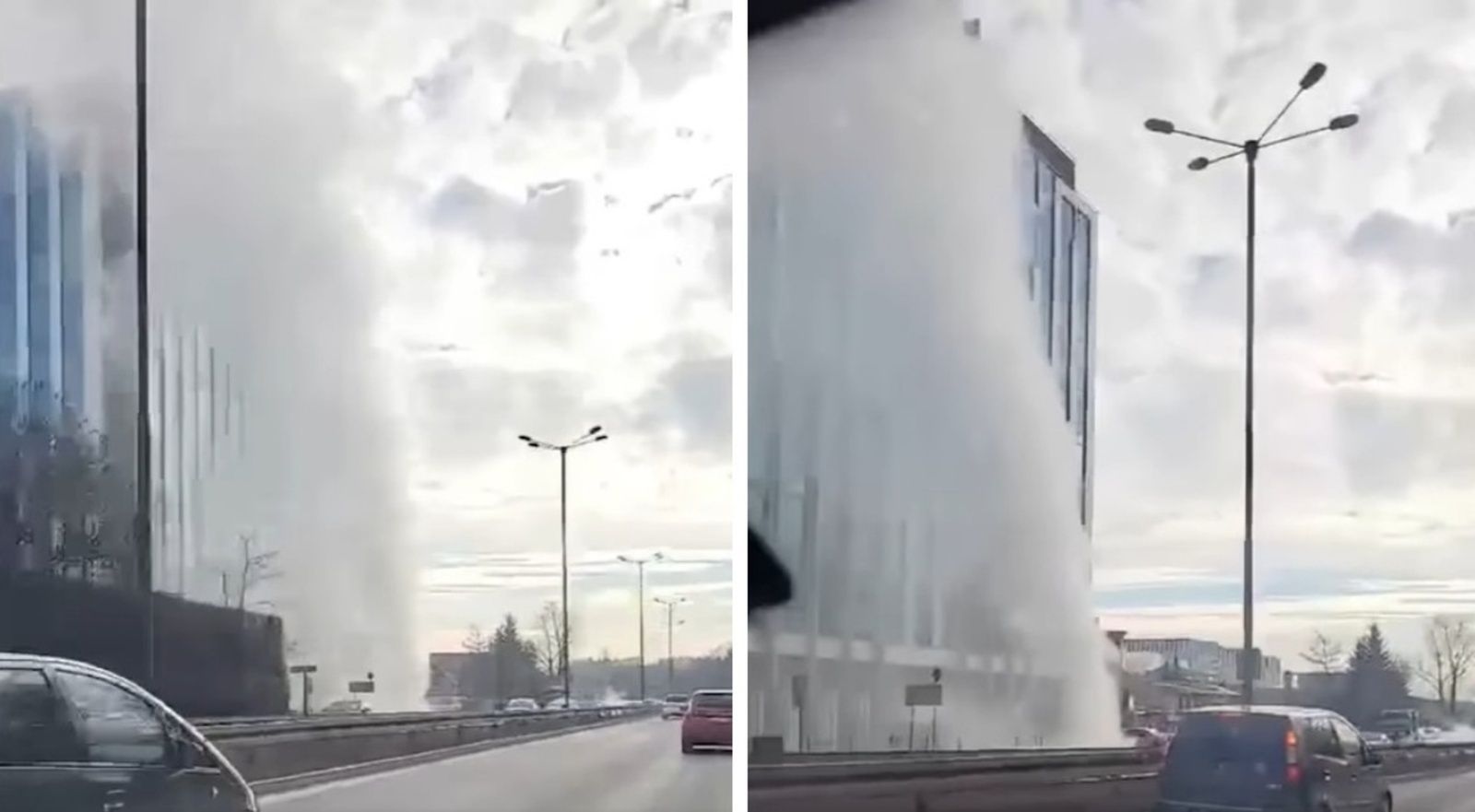 Awaria sieci ciepłowniczej w Krakowie. Słup pary wyższy od budynków