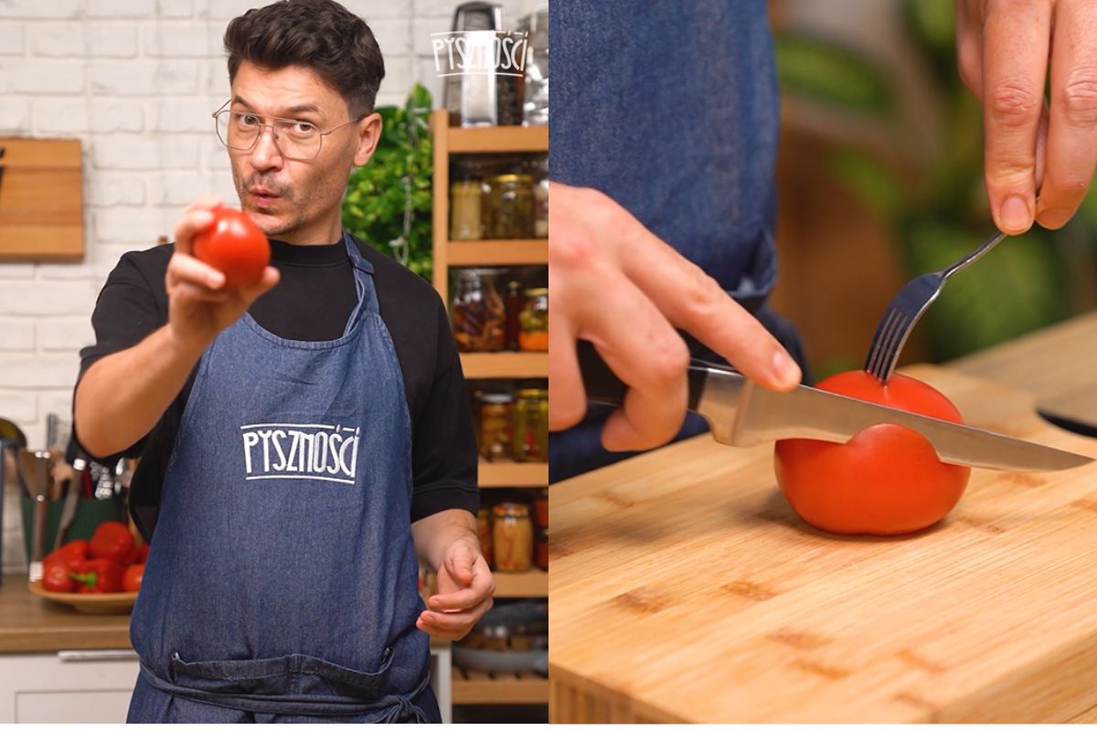 Seba testuje trik na krojenie pomidora. Czy ta metoda ma sens?
