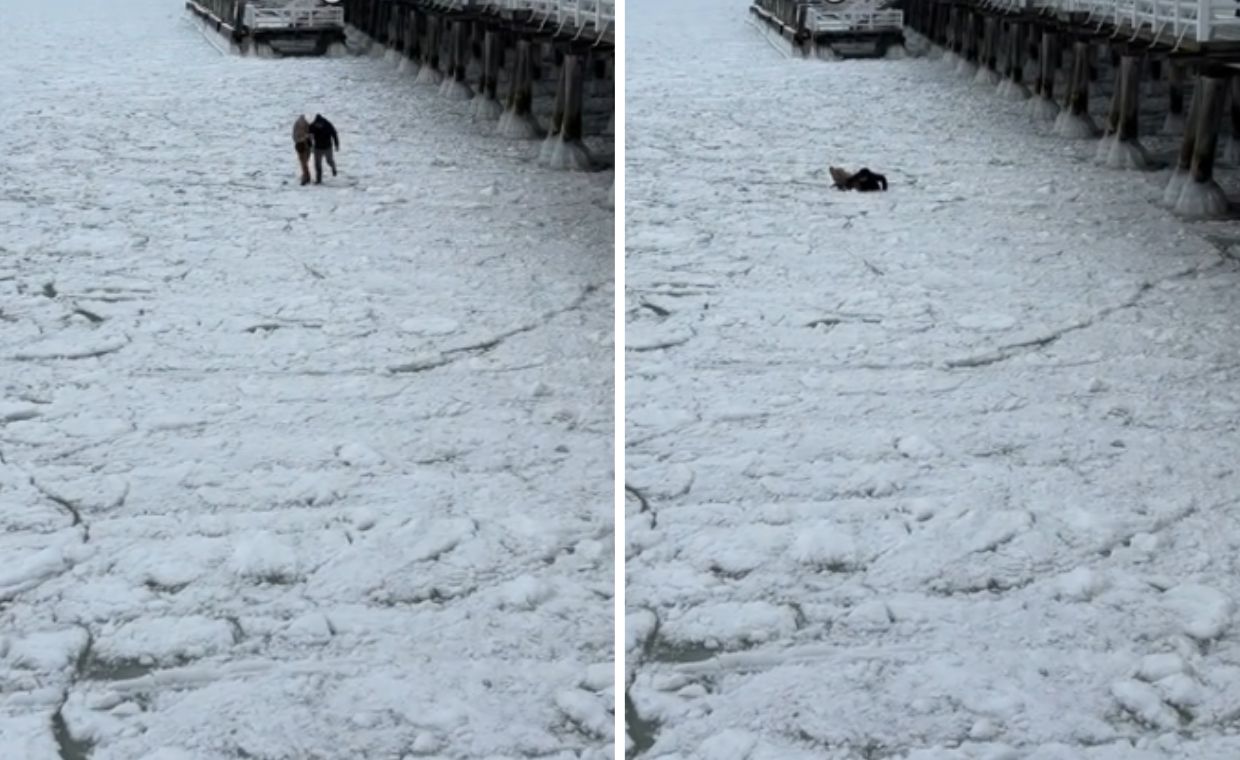 Spacerowali po zamarzniętym Bałtyku tuż przy molo