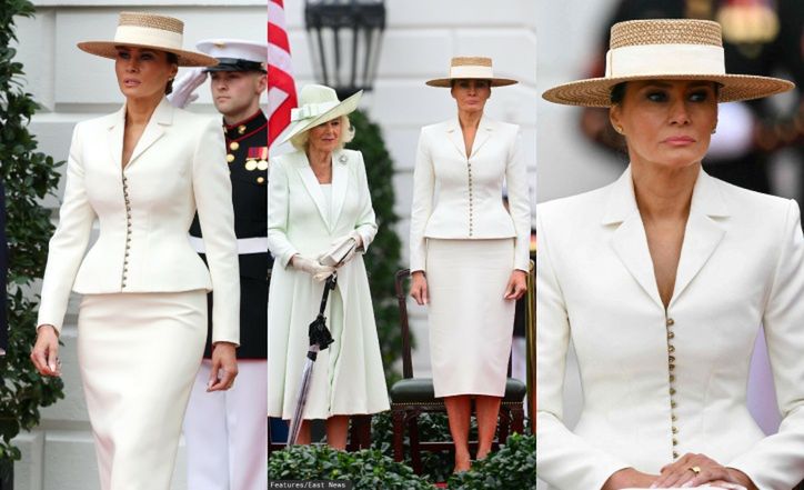 Posągowa Melania Trump w kapeluszu emanuje elegancją na oficjalnym powitaniu króla Karola III i królowej Camilli w USA (ZDJĘCIA)